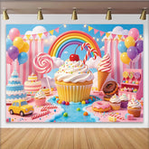 Lofaris Toile de fond anniversaire gourmandises, arc-en-ciel et ballons, magnifique décor de fête d'enfants avec donuts et sucettes