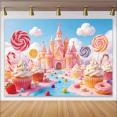 Lofaris Toile de fond anniversaire monde bonbons château rose sucettes, magnifique arrière-plan de rêve pour fête et studio photo