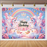 Lofaris Toile de fond licorne Joyeux Anniversaire pour fille avec arc-en-ciel et château, décor de fête pastel pour studio photo