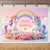 Lofaris Toile de fond pour anniversaire licorne et fleurs roses pour fille, magnifique décor arc-en-ciel pour fête d'enfants