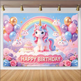 Lofaris Toile de fond anniversaire licorne arc-en-ciel pour fille avec ballons pastel, magnifique décor de fête magique pour studio photo