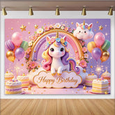 Lofaris Toile de fond anniversaire licorne arc-en-ciel pastel pour fille, magnifique décor féerique avec gâteaux et étoiles pour studio photo