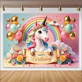 Lofaris Toile de fond licorne arc-en-ciel pour anniversaire fille, décor de fête avec ballons et fleurs pour studio photo