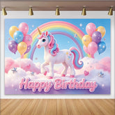 Lofaris Toile de fond anniversaire licorne arc-en-ciel avec ballons et nuages roses, magnifique décor de fête pour enfants et séance photo