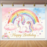 Lofaris Toile de fond joyeux anniversaire licorne arc-en-ciel pour fille, magnifique décor pastel avec étoiles et cœurs pour fête d'enfants