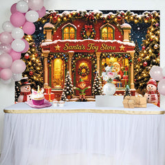 Lofaris Toile de fond de Noël enneigée, boutique de jouets et sapins, arrière-plan magique pour fête d'hiver et séance photo