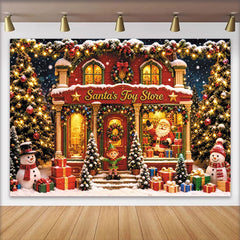 Lofaris Toile de fond de Noël enneigée, boutique de jouets et sapins, arrière-plan magique pour fête d'hiver et séance photo