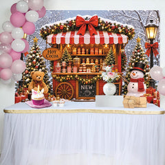 Lofaris Toile de fond de Noël avec stand de chocolat chaud et arbres enneigés, décor festif pour photographie d'hiver et célébrations