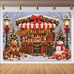 Lofaris Toile de fond de Noël avec stand de chocolat chaud et arbres enneigés, décor festif pour photographie d'hiver et célébrations