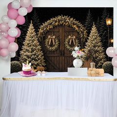 Lofaris Toile de fond de Noël rustique avec porte en bois, guirlandes lumineuses et couronnes, décor de fête hivernal pour photographie