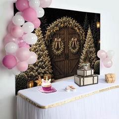 Lofaris Toile de fond de Noël rustique avec porte en bois, guirlandes lumineuses et couronnes, décor de fête hivernal pour photographie