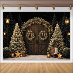 Lofaris Toile de fond de Noël rustique avec porte en bois, guirlandes lumineuses et couronnes, décor de fête hivernal pour photographie