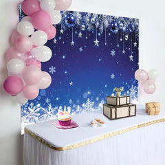 Lofaris Toile de fond de Noël bleue et argentée avec flocons de neige et étoiles, magnifique arrière-plan d'hiver pour fête du Nouvel An