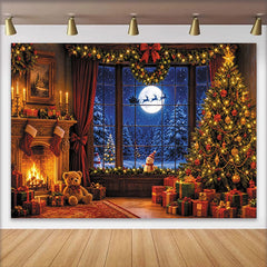 Lofaris Toile de fond de Noël cheminée sapin illuminé et père Noël, magnifique arrière-plan hivernal pour studio photo