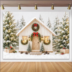 Lofaris Toile de fond de Noël maison enneigée avec sapins et couronnes rouges, décor féerique pour photographie et ambiance de fête
