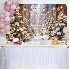 Lofaris Toile de fond de Noël forêt enneigée avec lumières et flocons, arrière-plan d'hiver pour studio photo et fête du Nouvel An