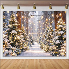 Lofaris Toile de fond de Noël forêt enneigée avec lumières et flocons, arrière-plan d'hiver pour studio photo et fête du Nouvel An