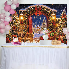 Lofaris Toile de fond de Noël avec arche illuminée, sapins et rennes, décor féerique pour fêtes hivernales et photos