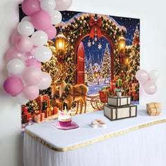 Lofaris Toile de fond de Noël avec arche illuminée, sapins et rennes, décor féerique pour fêtes hivernales et photos