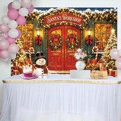 Lofaris Toile de fond de Noël avec bonhomme de neige, sapins et cadeaux, porte rouge, décor d'hiver pour studio photo et fête de fin d'année