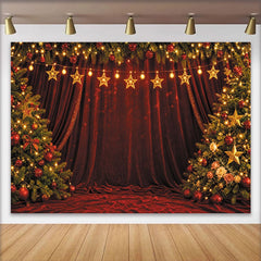 Lofaris Toile de fond de Noël rideau velours rouge et sapins illuminés, magnifique arrière-plan festif pour studio photo