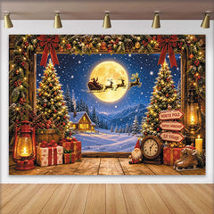 Lofaris Toile de fond de Noël avec Père Noël, lune et village enneigé, magnifique arrière-plan festif pour studio photo et décoration