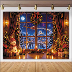 Lofaris Toile de fond de Noël avec bonhomme de neige et sapins illuminés, magnifique décor d'hiver pour studio photo