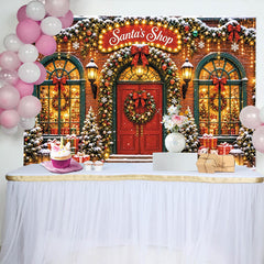 Lofaris Toile de fond de Noël boutique du Père Noël enneigée et festive, arrière-plan lumineux pour studio et décoration de fête