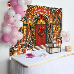 Lofaris Toile de fond de Noël boutique du Père Noël enneigée et festive, arrière-plan lumineux pour studio et décoration de fête