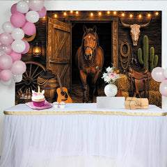 Lofaris Toile de fond de photographie western avec cheval, grange rustique et accessoires de cowboy, pour studio photo et événements à thème