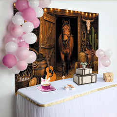 Lofaris Toile de fond de photographie western avec cheval, grange rustique et accessoires de cowboy, pour studio photo et événements à thème
