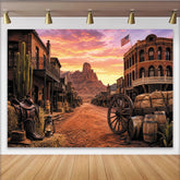 Lofaris Toile de fond de photographie western ville désertique au coucher du soleil, rustique avec montagnes et cactus pour studio photo