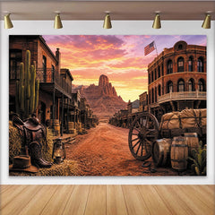 Lofaris Toile de fond de photographie western ville désertique au coucher du soleil, rustique avec montagnes et cactus pour studio photo