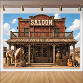 Lofaris Toile de fond de photographie western saloon avec cheval et bottes, véritable arrière-plan rustique pour studio photo et fête Far West