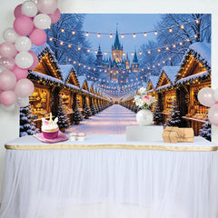 Lofaris Toile de fond de marché de Noël enneigé avec lumières féeriques, magnifique arrière-plan pour fête d'hiver et studio photo
