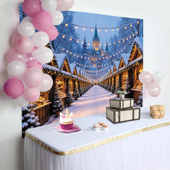 Lofaris Toile de fond de marché de Noël enneigé avec lumières féeriques, magnifique arrière-plan pour fête d'hiver et studio photo