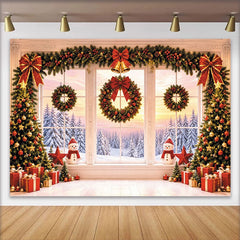 Lofaris Toile de fond de Noël avec sapins enneigés et cadeaux rouges, magnifique décor festif pour studio photo et fête d'hiver
