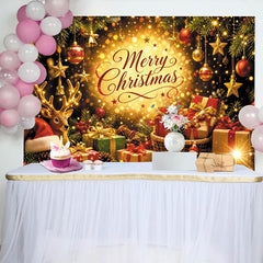Lofaris Toile de fond de Noël avec lumières dorées, cadeaux et renne, magnifique arrière-plan scintillant pour décoration de fête