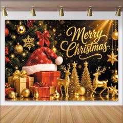 Lofaris Toile de fond de Noël scintillante avec sapin et cadeaux dorés, magnifique arrière-plan festif Merry Christmas pour studio photo