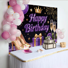 Lofaris Toile de fond anniversaire paillettes violet et or avec ballons, élégant arrière-plan de fête pour femme avec talons et roses
