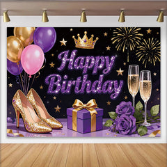Lofaris Toile de fond anniversaire paillettes violet et or avec ballons, élégant arrière-plan de fête pour femme avec talons et roses
