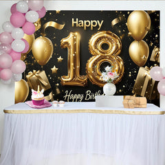 Lofaris Toile de fond noire et or pour 18e anniversaire avec ballons et étoiles, décoration élégante pour fête d'adulte et studio photo