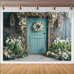 Lofaris Toile de fond de photographie jardin fleuri avec porte rustique bleue et tulipes blanches, arrière-plan printanier pour studio photo