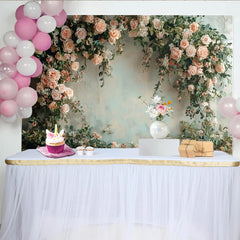 Lofaris Toile de fond de photographie florale avec roses pêche et feuillage vert, élégant arrière-plan pour portrait et studio