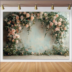 Lofaris Toile de fond de photographie florale avec roses pêche et feuillage vert, élégant arrière-plan pour portrait et studio