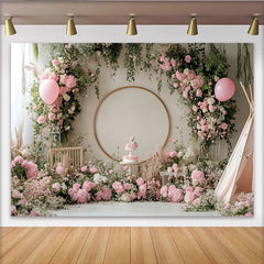Lofaris Toile de fond rose pour anniversaire de fille avec fleurs et ballons, magnifique décor floral pour studio photo et fête