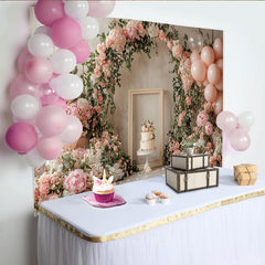 Lofaris Toile de fond pour anniversaire florale rose avec ballons et pivoines, magnifique décor de fête pour séance photo élégante