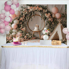 Lofaris Toile de fond pour anniversaire floral avec ballons roses et arche dorée, arrière-plan de photographie pour studio avec fleurs