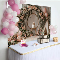 Lofaris Toile de fond pour anniversaire floral avec ballons roses et arche dorée, arrière-plan de photographie pour studio avec fleurs