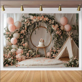 Lofaris Toile de fond pour anniversaire floral avec ballons roses et arche dorée, arrière-plan de photographie pour studio avec fleurs